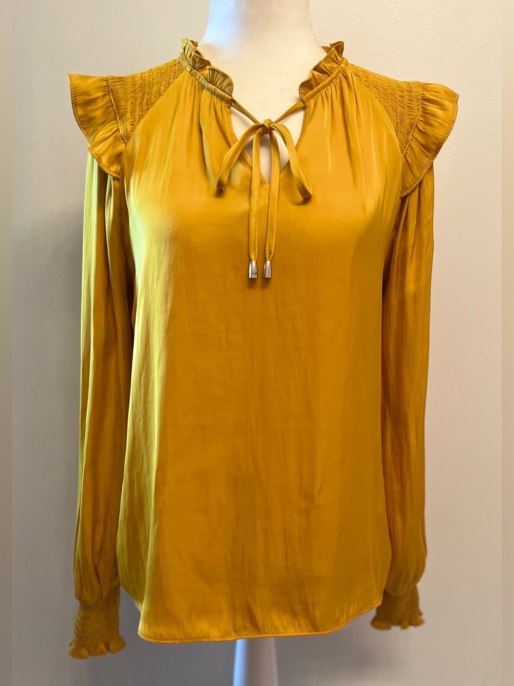 Joie Bohemian Peasant Satin Yellow Gold Long Sleeve Tassel Tie Blouse size XS